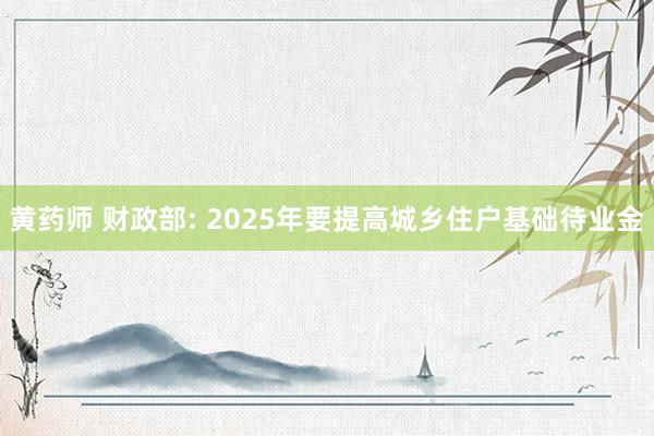 黄药师 财政部: 2025年要提高城乡住户基础待业金